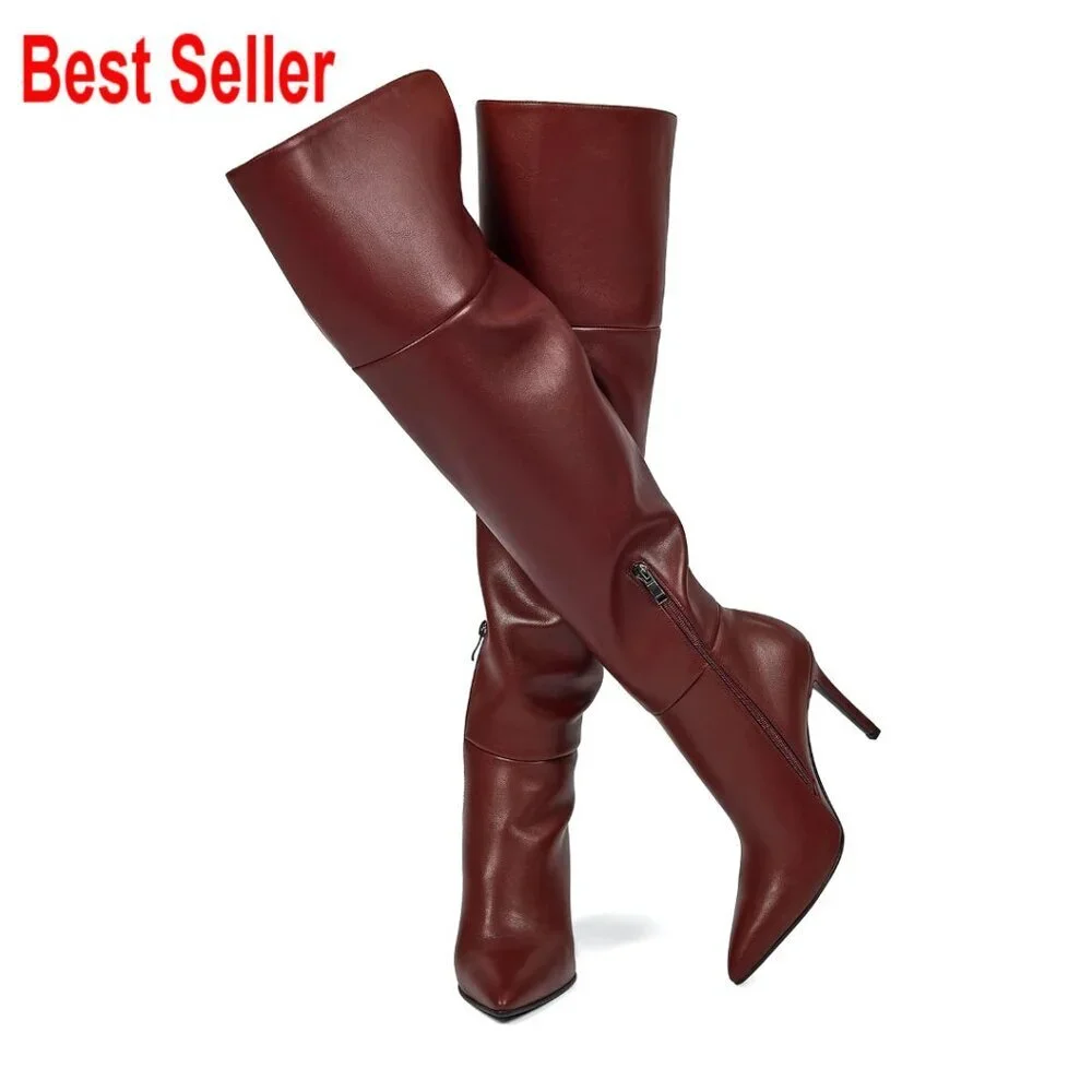 Faux Leather Over the Knee Boots with Stiletto Heel and Pointed Toe